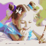 Happy little girl painting in her room